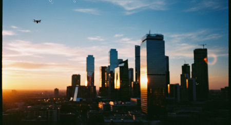 A drone flying over a modern city skyline at sunset, with tall buildings reflecting warm lightの素材