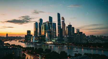 A stunning skyline view of a modern city at sunset, featuring tall skyscrapers reflecting the orange and blue hues of the sky, with a river in the foreground and city lights starting to glowの素材
