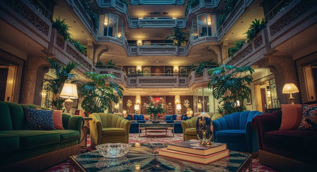 A luxurious hotel lobby featuring elegant furniture, lush indoor plants, and ornate architecture, creating a warm and inviting atmosphereの素材