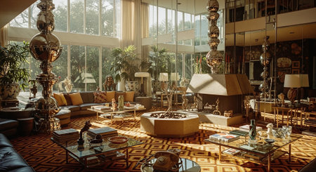 A spacious, stylish living room with large windows, modern furniture, and decorative plants, featuring a unique fireplace and various art piecesの素材