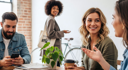 A group of friends chatting in a cozy cafe, one woman smiling at another, a man using his phone, and a woman standing in the background with a bicycleの素材