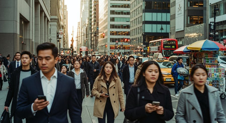 A busy urban street scene with a crowd of people walking, many looking at their smartphones, tall buildings in the background, evening lightの素材