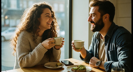 A couple enjoying coffee together in a cozy cafe, smiling and engaging in conversation, with natural light coming through the windowの素材