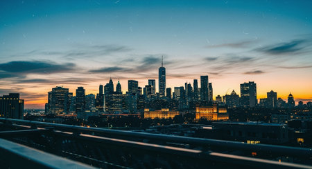 A stunning skyline view of a city at sunset, featuring tall skyscrapers and a colorful sky with cloudsの素材