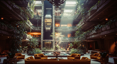 A luxurious hotel lobby with a central fountain, surrounded by lush greenery and elegant seating areas, illuminated by natural light streaming through skylightsの素材