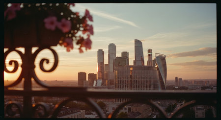 A sunset view of a modern city skyline with skyscrapers, framed by a balcony railing and flowers in the foregroundの素材