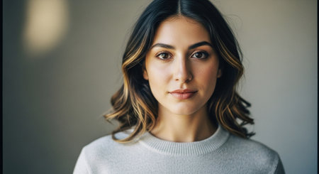 A young woman with wavy hair, wearing a light sweater, looking directly at the camera with a neutral expression, soft lighting in the backgroundの素材