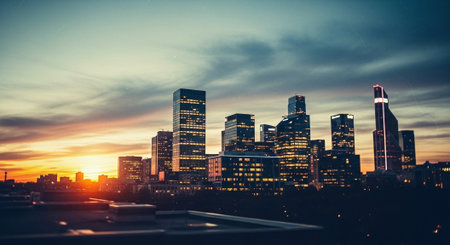 A stunning city skyline at sunset, featuring modern skyscrapers with reflective glass windows, vibrant colors in the sky, and a tranquil atmosphereの素材