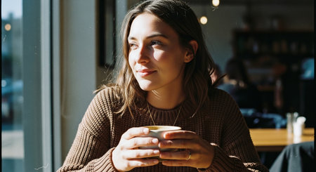 A young woman sitting in a cafe, holding a cup of coffee, looking thoughtfully out of the window, warm sunlight illuminating her face, cozy atmosphereの素材