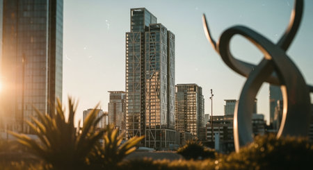 A modern city skyline featuring tall glass buildings, with a sculpture in the foreground and palm plants, illuminated by warm sunlightの素材