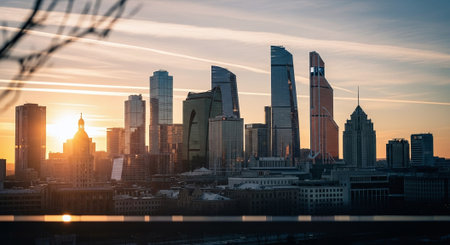 A stunning city skyline at sunset, showcasing modern skyscrapers with reflective glass facades, warm golden light illuminating the buildings, and a clear sky with wispy cloudsの素材
