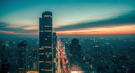 A panoramic view of a city skyline at dusk, featuring tall skyscrapers and a vibrant sunset sky with hues of orange and blueの素材