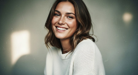 A smiling woman with wavy hair wearing a cozy white sweater, soft lighting, warm atmosphereの素材