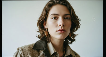 A close-up portrait of a young woman with wavy hair, wearing earrings and a stylish outfit, against a neutral backgroundの素材