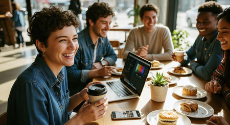 A group of friends enjoying coffee and pastries at a cafe, with a laptop open on the table, bright and cheerful atmosphereの素材