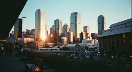A city skyline at sunset with tall skyscrapers reflecting golden light, urban setting, modern architectureの素材