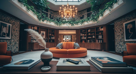 A stylish and modern living room with a circular orange sofa, elegant chandelier, and lush greenery, featuring bookshelves and artistic decorの素材