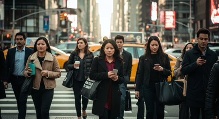 A busy urban street scene in times square, new york city, with diverse pedestrians crossing the street, many looking at their smartphones, yellow taxis in the background, evening lightの素材