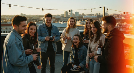 A group of young adults enjoying a rooftop gathering during sunset, laughing and holding drinks, with city skyline in the backgroundの素材