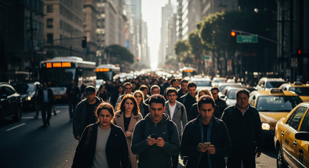 A busy urban street scene with a crowd of people crossing the road, some looking at their phones, surrounded by cars and city buildingsの素材
