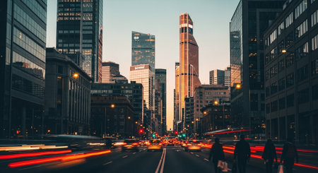 A bustling city street at sunset, showcasing modern skyscrapers and traffic, with pedestrians crossing the roadの素材