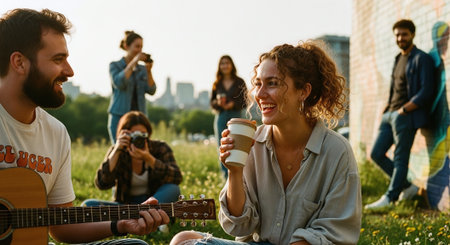A group of friends enjoying a sunny day outdoors, one person playing guitar while another holds a coffee cup and smiles, with others taking photosの素材
