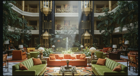 A luxurious hotel lobby with lush greenery, elegant furniture, and a central fountain, featuring a mix of modern and vintage decorの素材