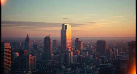 Aerial view of a city skyline during sunset, featuring tall skyscrapers reflecting golden light, with a clear sky and distant horizonの素材