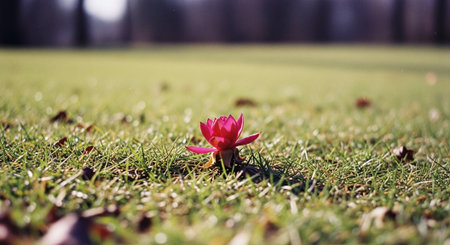 A single pink lotus flower blooming on a grassy field with blurred backgroundの素材