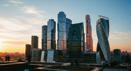 A skyline view of modern skyscrapers during sunset, showcasing glass and steel architecture with a vibrant skyの素材