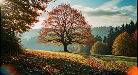 A solitary tree with autumn foliage in a scenic landscape, sunlight filtering through clouds, vibrant colors, peaceful atmosphereの素材