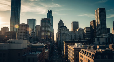 A panoramic view of a city skyline during sunset, showcasing tall skyscrapers and urban architecture, with warm sunlight illuminating the buildingsの素材