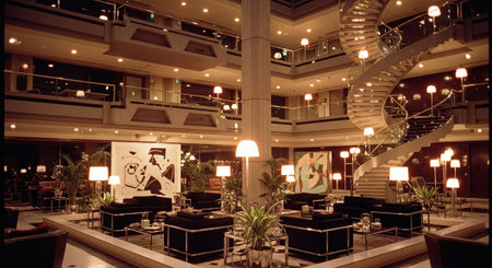 A modern hotel lobby featuring a spiral staircase, stylish seating areas, and contemporary artwork on the walls, illuminated by soft lightingの素材
