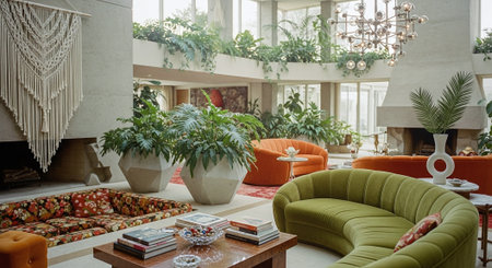 A stylish mid-century modern living room featuring a green curved sofa, orange armchairs, and large potted plants, with a chandelier and decorative wall hangingの素材