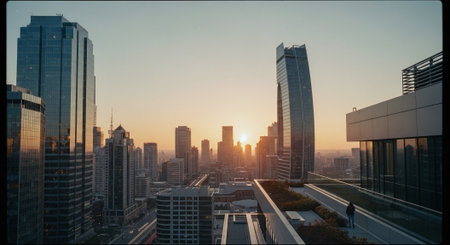 Aerial view of modern skyscrapers at sunset, Dubai, UAEの素材