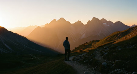 A person standing on a path in a mountainous landscape during sunset, with golden light illuminating the peaksの素材