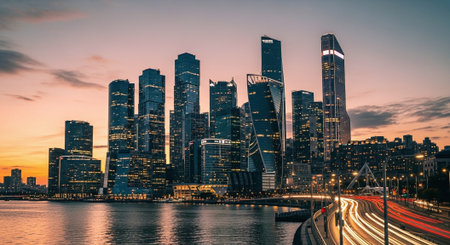 A modern city skyline at sunset with tall skyscrapers reflecting light on the water, featuring a busy road with light trails from vehiclesの素材