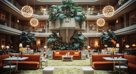 A stylish hotel lobby featuring vibrant orange sofas, lush indoor plants, and modern lighting fixtures, creating a cozy and inviting atmosphereの素材
