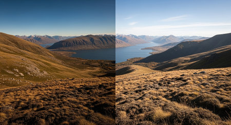 A panoramic view of a mountainous landscape with rolling hills, a lake, and distant mountains under a clear blue sky. The foreground features grassy terrain with patches of brown and green.の素材