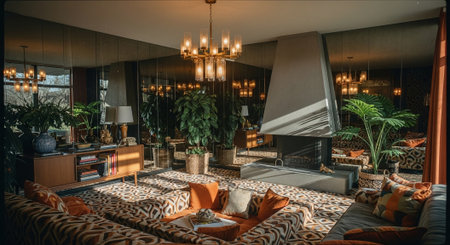 A stylish living room featuring a modern fireplace, large mirrors, and lush plants, with a patterned sofa and warm lightingの素材