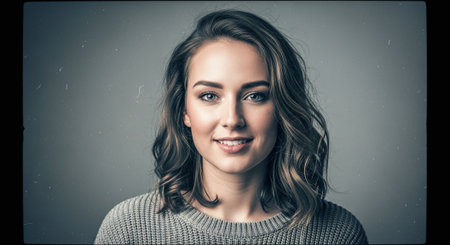 A young woman with wavy hair smiling at the camera, wearing a cozy sweater, against a neutral backgroundの素材