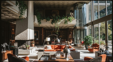 A modern living room with large windows, featuring orange sofas, a glass elevator, and greeneryの素材