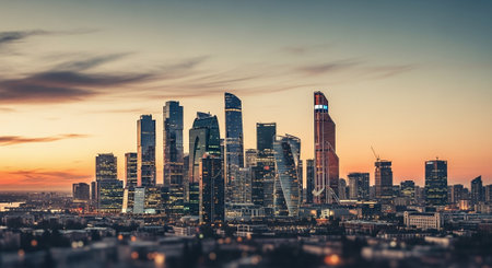 A panoramic view of a modern city skyline at sunset, featuring tall skyscrapers and a vibrant skyの素材