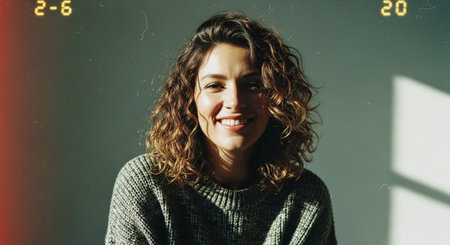A smiling woman with curly hair wearing a cozy sweater, sitting in a well-lit room with soft shadowsの素材
