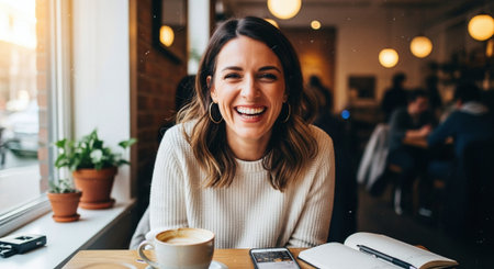 A woman sitting at a cafe table, smiling joyfully, with a cup of coffee and a notebook in front of her, warm and inviting atmosphereの素材