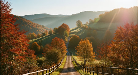 A scenic autumn landscape featuring a winding dirt road surrounded by colorful trees, hills in the background, and sunlight streaming through the foliageの素材