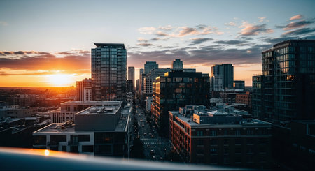 A city skyline at sunset, showcasing modern buildings and a vibrant sky with cloudsの素材