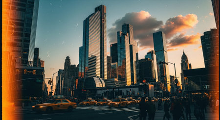 A bustling cityscape at sunset, featuring tall skyscrapers and yellow taxis on a busy streetの素材