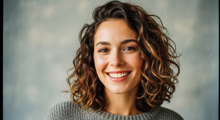 A smiling woman with curly hair wearing a cozy sweater, against a soft blurred backgroundの素材