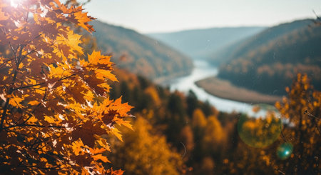 Autumn landscape with vibrant orange leaves, river winding through hills, warm sunlight, serene nature sceneの素材